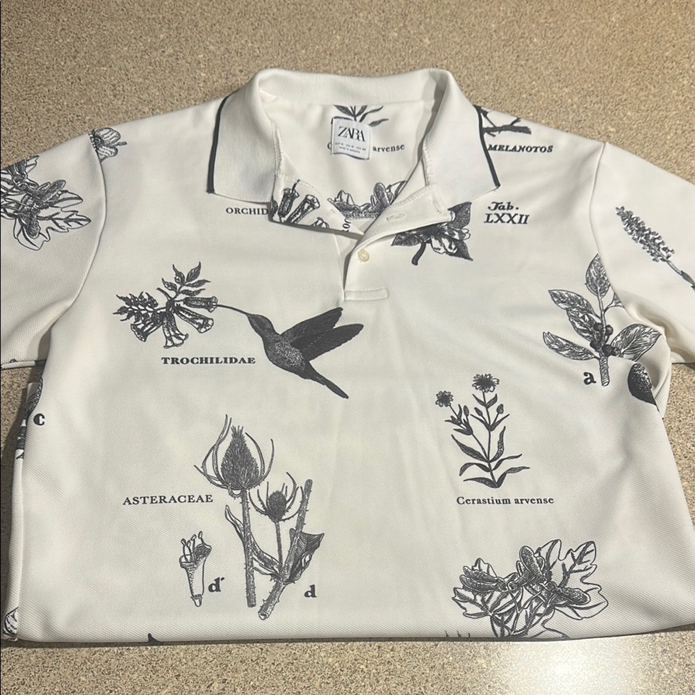 Zara White Polo Shirt with Botanical Print